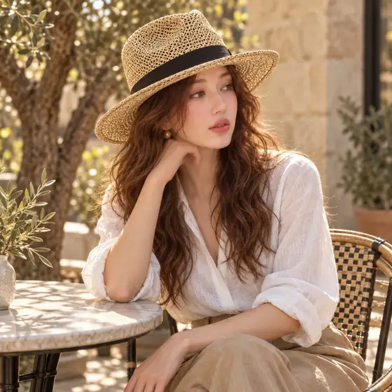 Open-weave straw hat · Garden side view