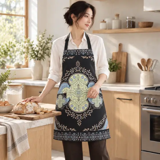 Floral-print apron · Indoor model display