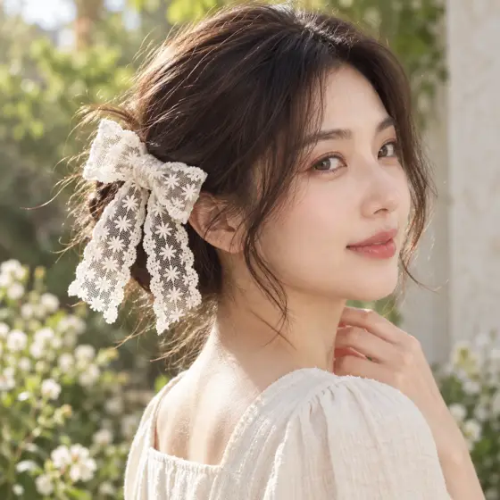 Ivory embroidered lace · Outdoor hair accessory styling