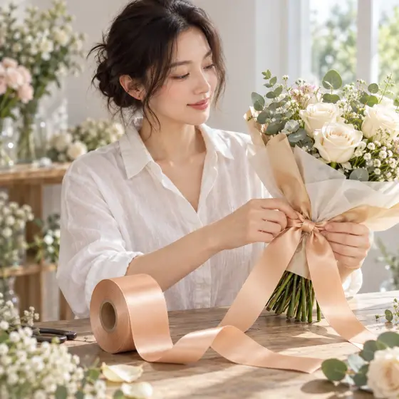 Champagne satin ribbon · Indoor floral styling