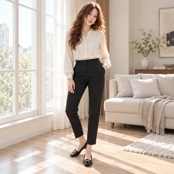 Black buckle flats · Indoor full-length styling