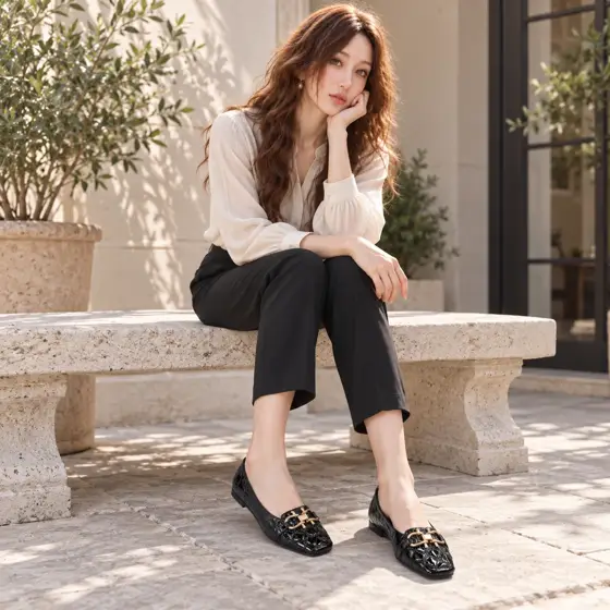 Black buckle flats · Seated styling