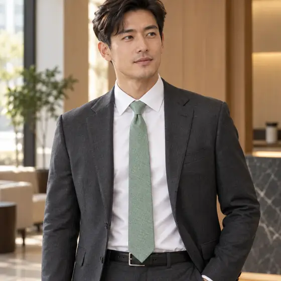 Sage green cotton tie · Indoor business portrait