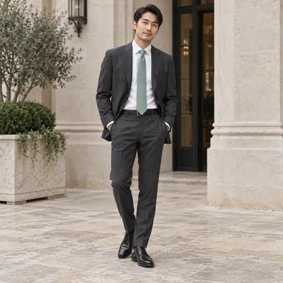 Sage green cotton tie · Outdoor full-length styling