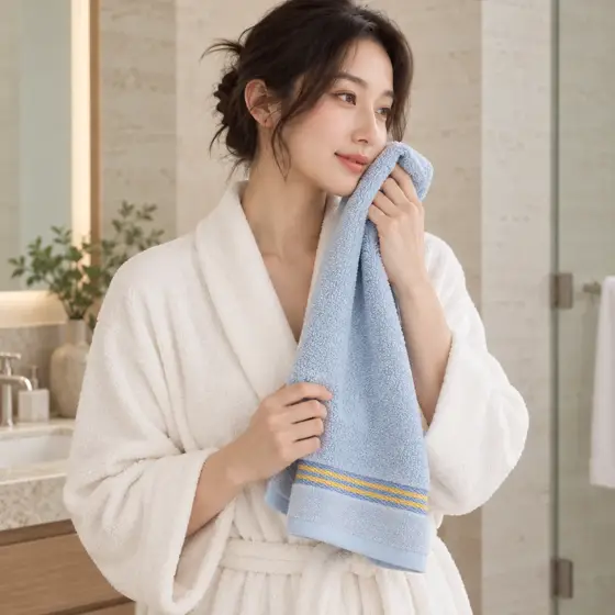 Light blue cotton face towel · Indoor model demonstration