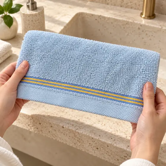Light blue cotton face towel · Terry texture and striped border