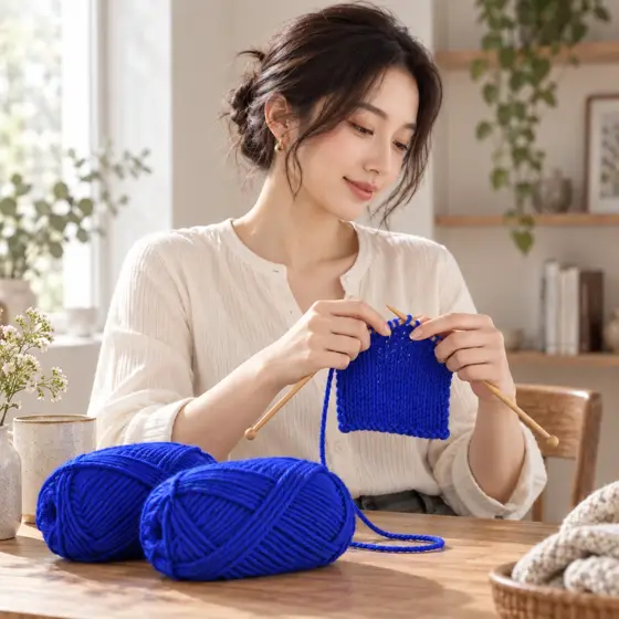 Royal blue knitting yarn · Indoor knitting
