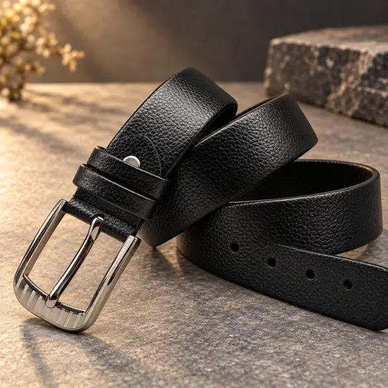 Black textured belt · Product still life