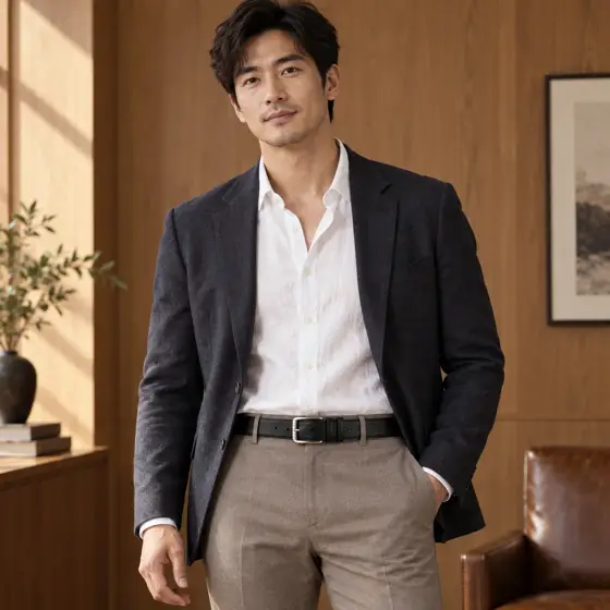 Black textured belt · Indoor male portrait
