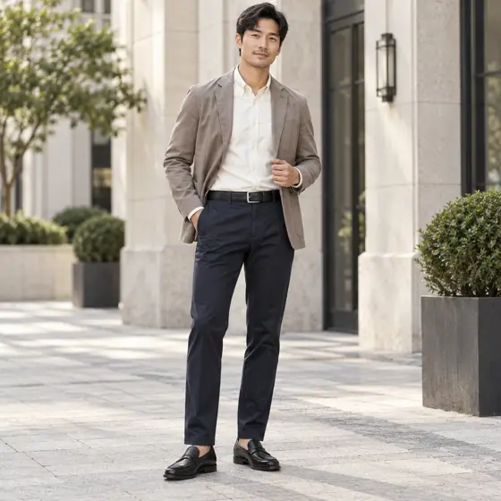 Black textured belt · Outdoor full-length styling