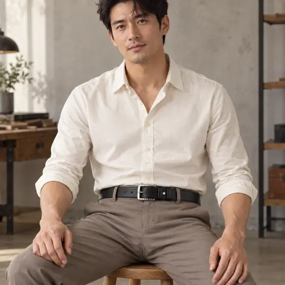 Black textured belt · Waist-level styling
