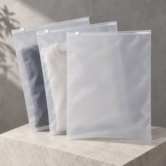 Frosted clothing zipper bag · Product still life