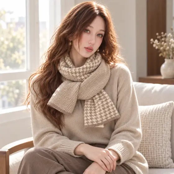 Reversible cream and camel scarf · Indoor portrait