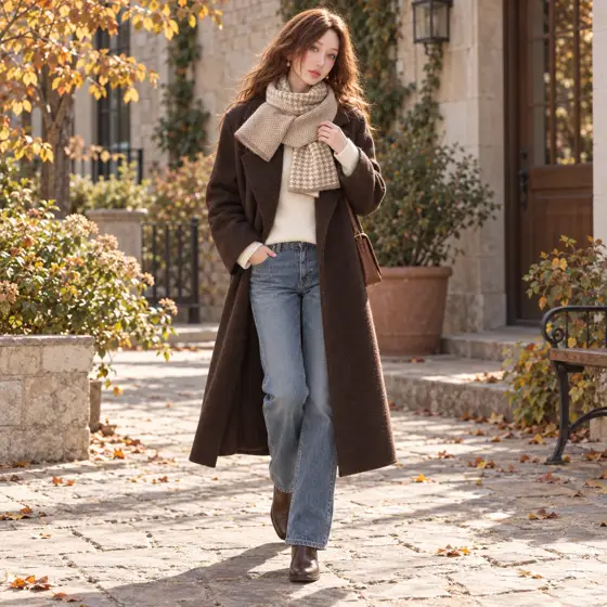 Reversible cream and camel scarf · Outdoor full-length styling