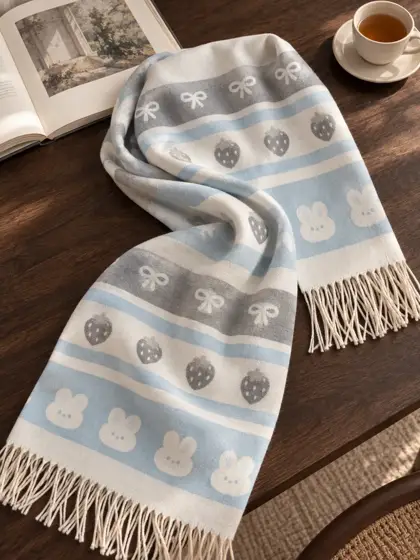 Striped scarf · Flat lay on a wooden table