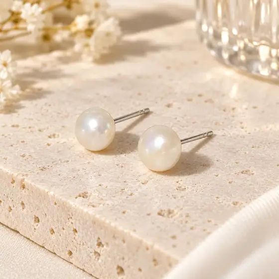 White pearl stud earrings — Product hero