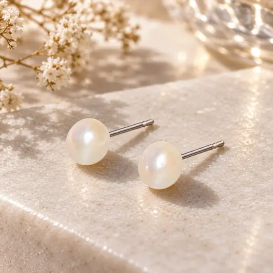 White pearl stud earrings — Material and form