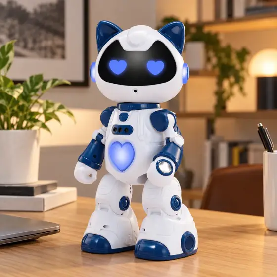 Blue and white cat-ear robot toy — Product hero