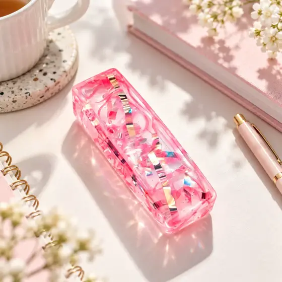 Pink confetti squeeze block — Material and form