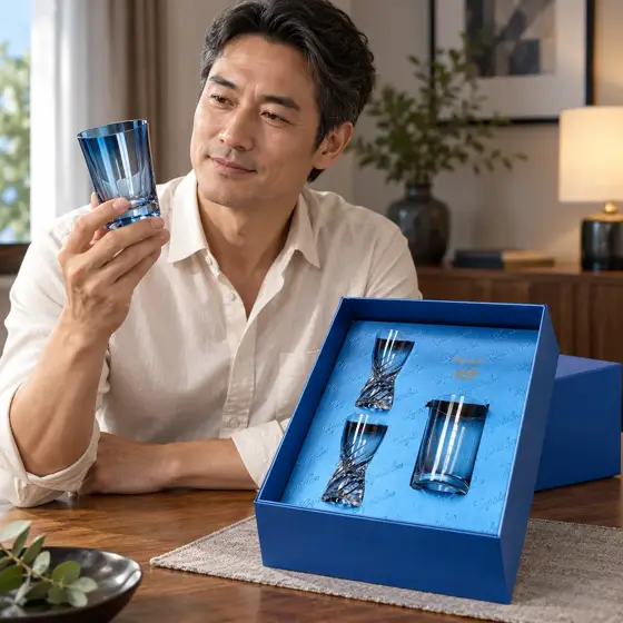 蓝色刻花水晶礼杯 · 室内模特展示