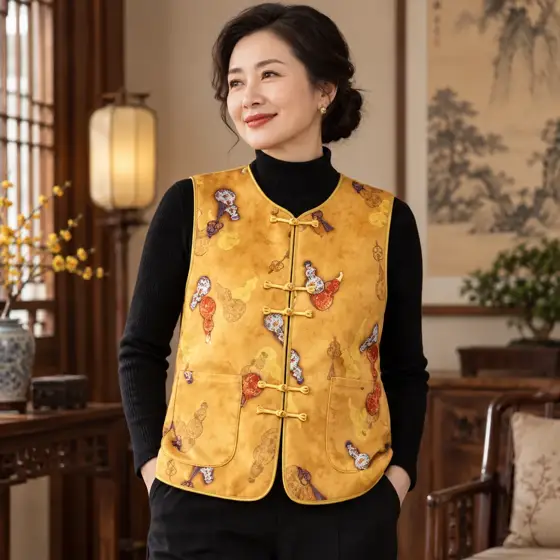 金黄盘扣提花马甲 · 室内模特展示