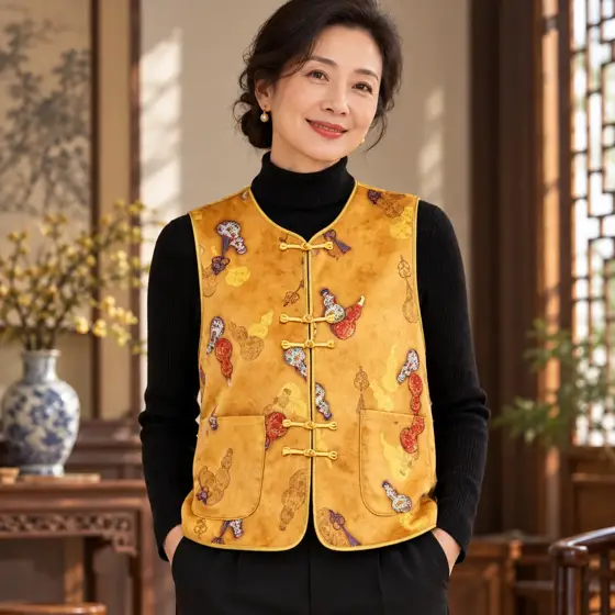 金黄盘扣提花马甲 · 材质或完整造型展示