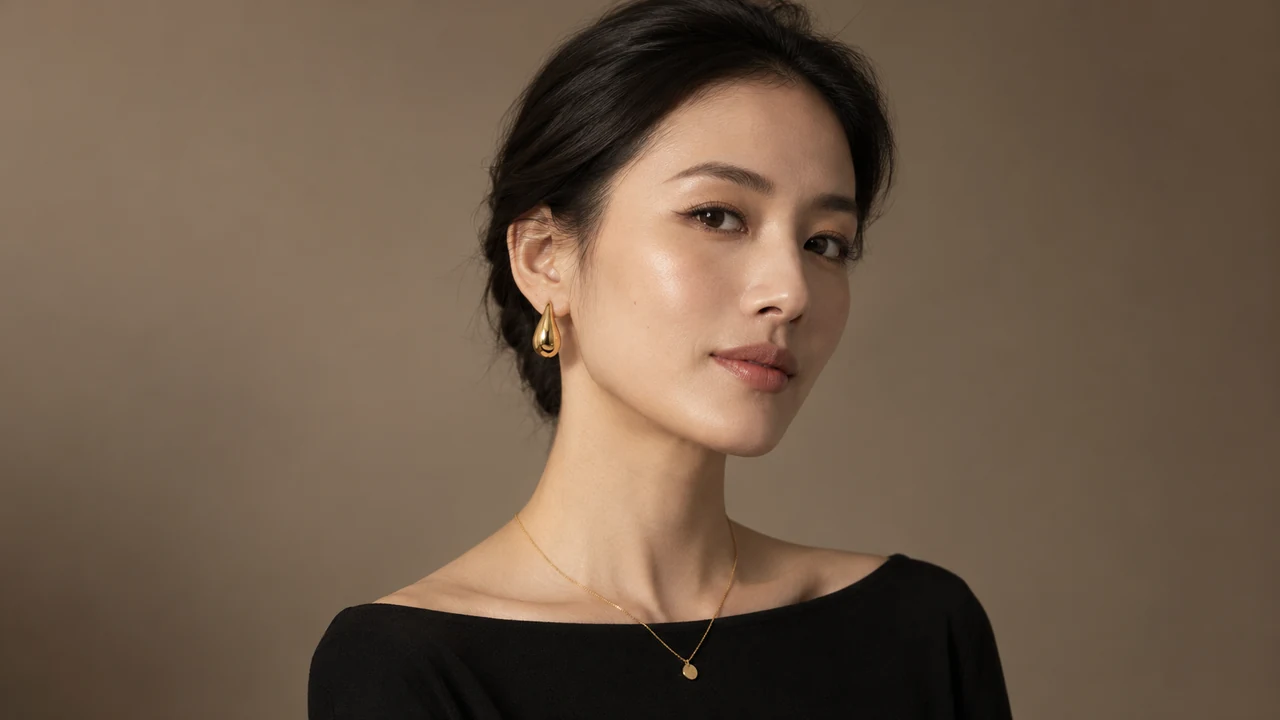 AI 生成的一区封面：模特佩戴金色耳饰和项链